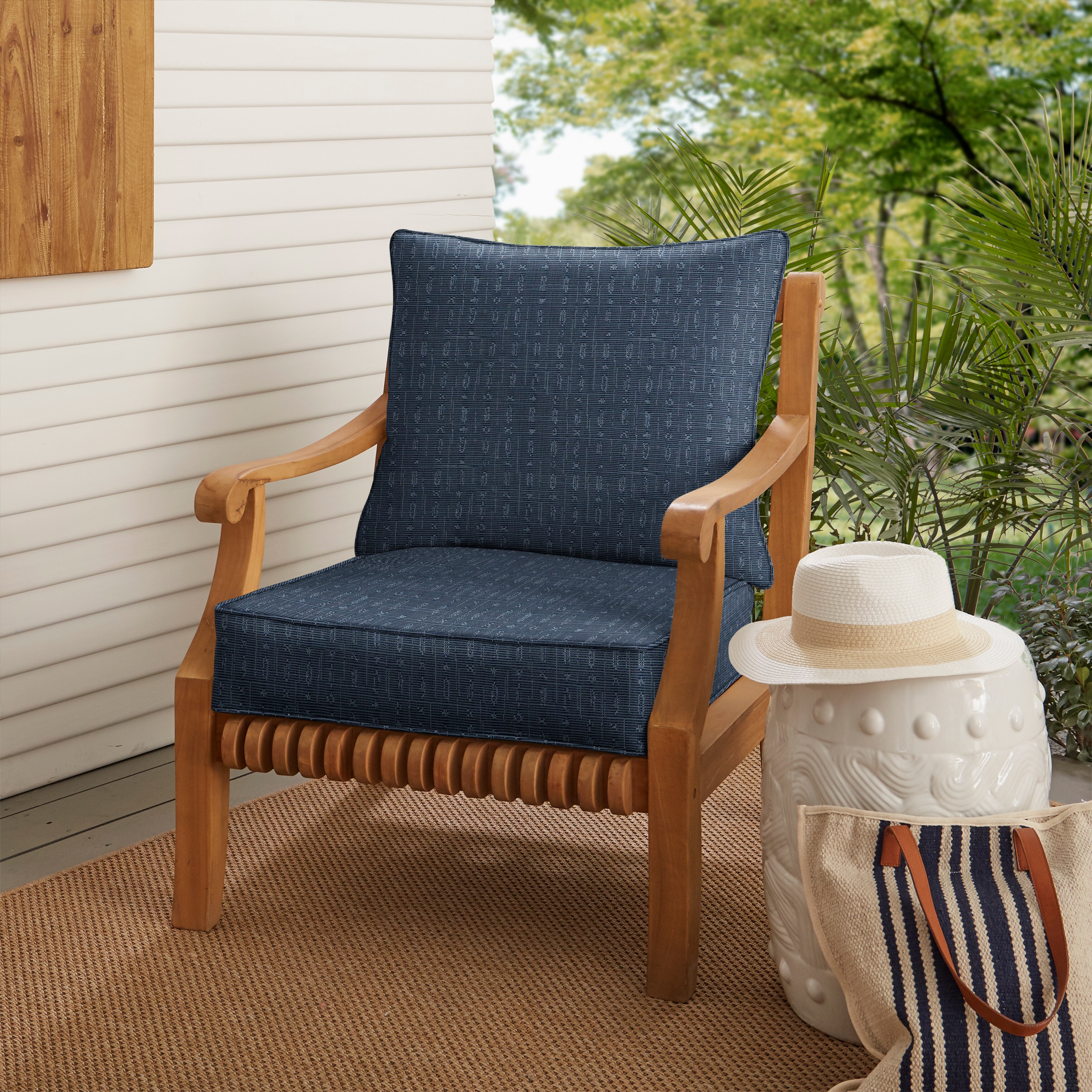 Sorra Home Sunbrella Textured Indigo Indoor Outdoor Corded Deep Seating Pillow and Cushion Chair Set On Sale Bed Bath Beyond 38400996